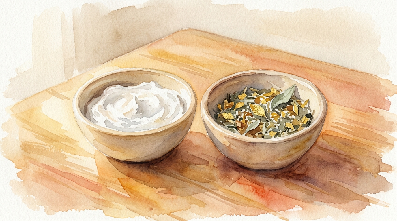 Twee kommen naast elkaar op een houten tafel in zacht ochtendlicht, gevuld met een witte zalf en kruiden — illustratie bij blog over NEI naast reguliere zorg