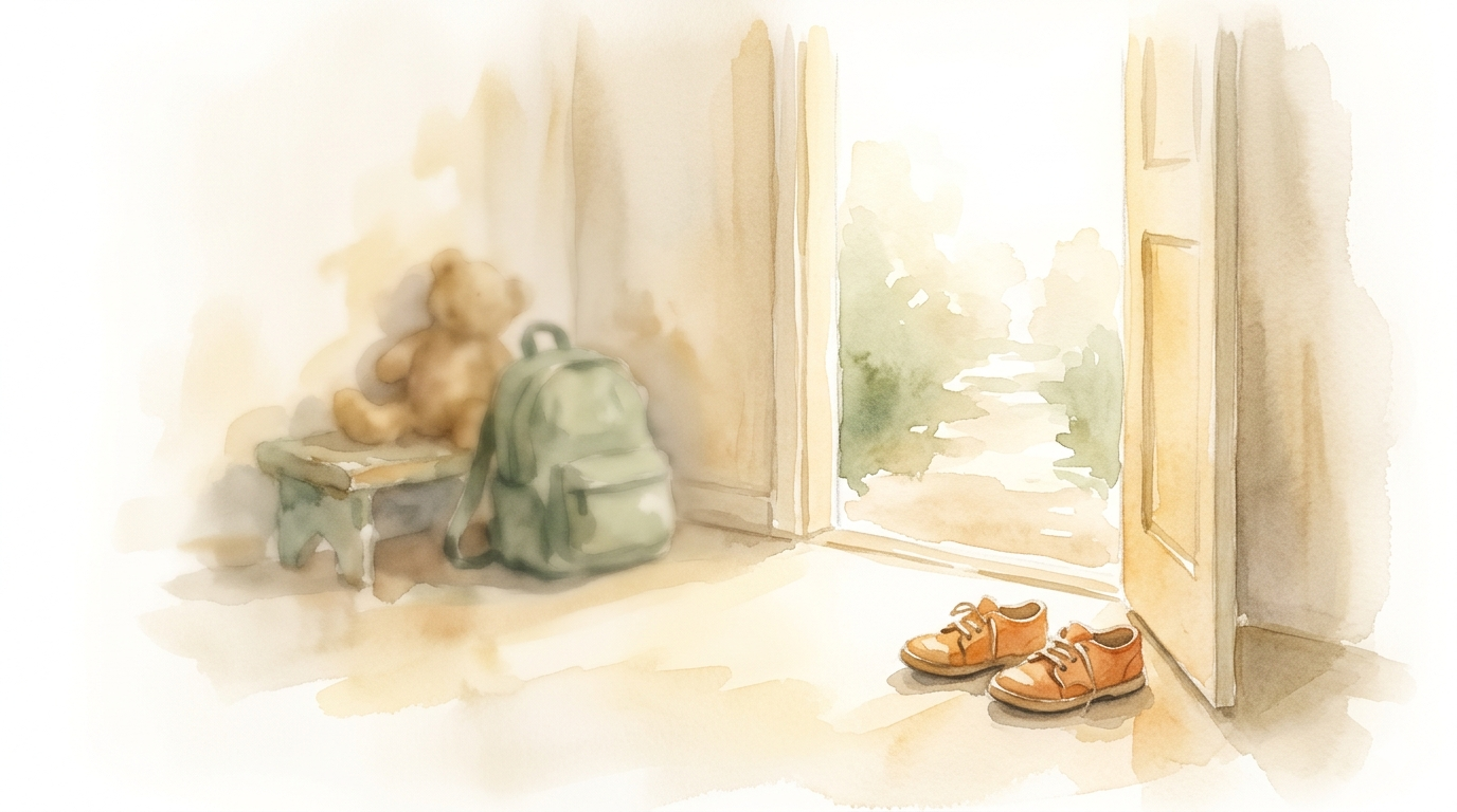 Paar kleine kinderschoentjes in een lichte gang naast een open deur, zacht ochtendlicht — illustratie bij blog over NEI voor kinderen met onverklaarbare klachten