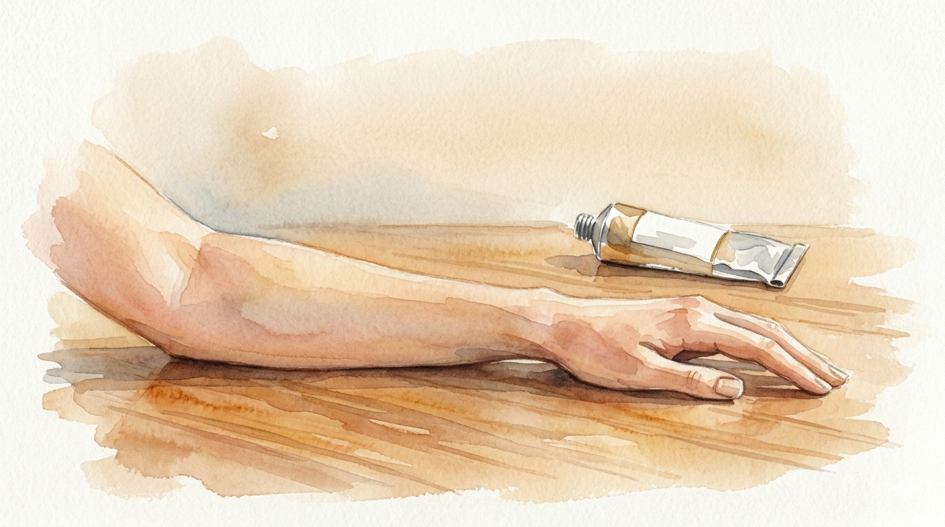 Rustende arm op warm houten oppervlak met een crème-tube terzijde geschoven op de achtergrond — illustratie bij blog over hardnekkig eczeem en NEI